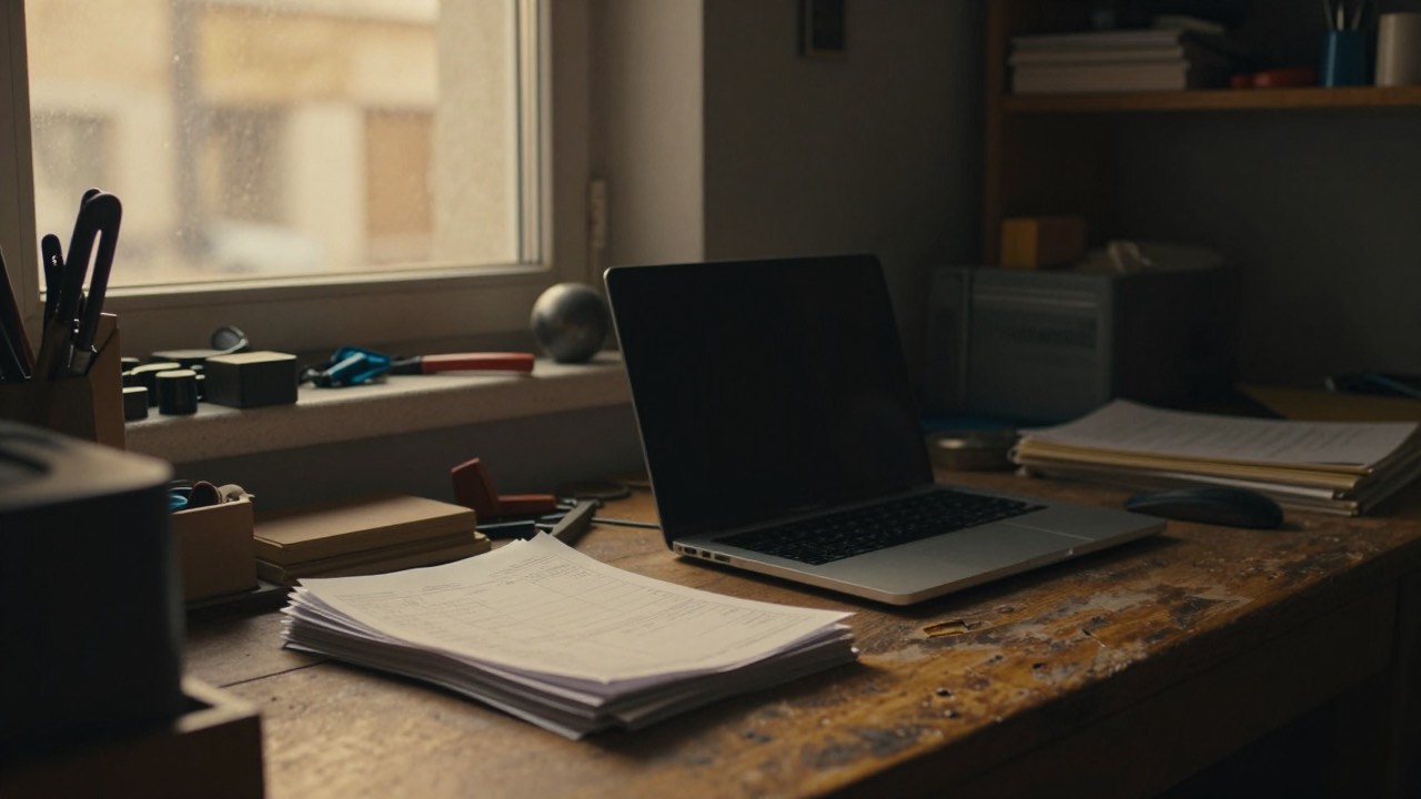 Schreibtisch in einem Werkstattbüro mit einem Stapel Papierrechnungen neben einem geschlossenen Laptop